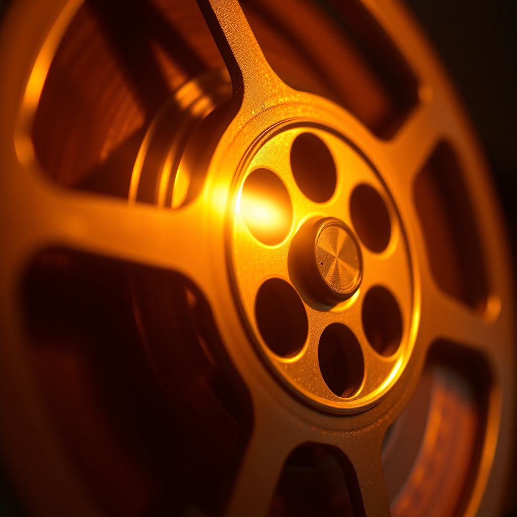 A close-up shot of a vintage film reel spinning, with light reflecting off its surface, symbolizing the preservation of memories through film. Focus on the texture and detail of the film. Use warm, nostalgic lighting. 4k resolution.