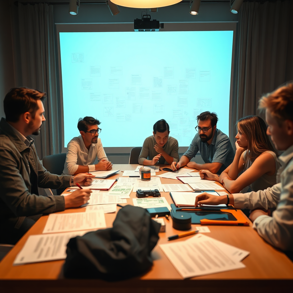 A detailed shot of a pre-production meeting, with a team brainstorming ideas around a table covered in scripts, notes, and storyboards. Focus on collaboration and creativity. Use warm lighting. 4k resolution.