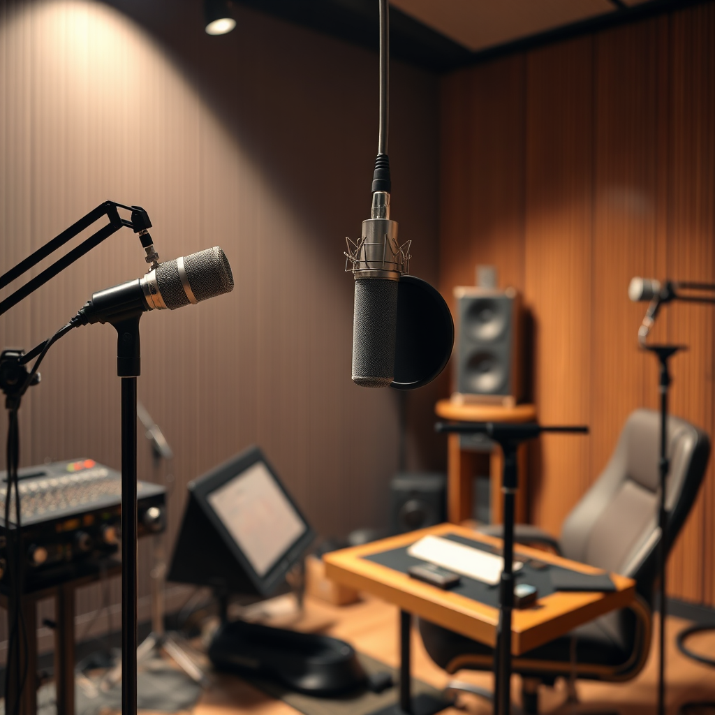 A professional audio recording studio, with high-end microphones and equipment, capturing the essence of pristine sound quality. Use soft lighting. 4k resolution.