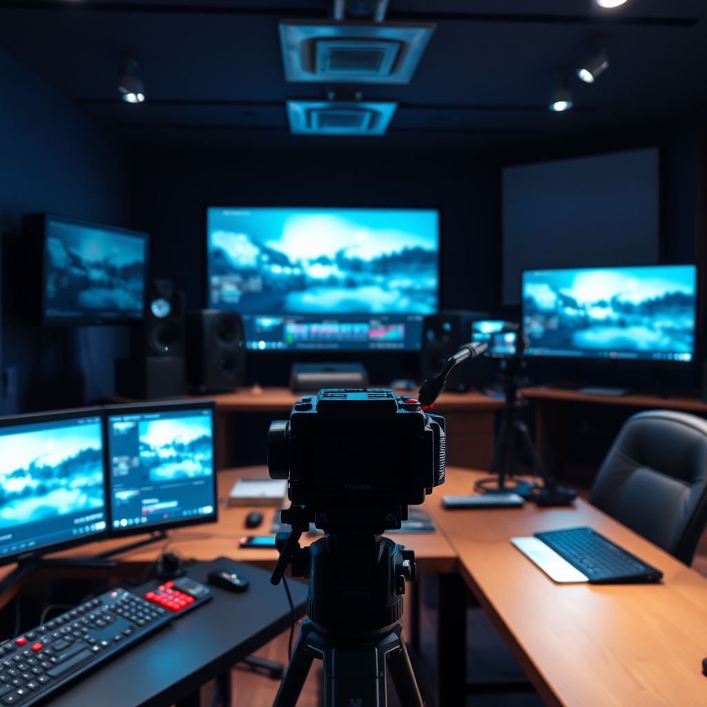 A shot of a post-production suite, featuring editing software and equipment, with a focus on the meticulous process of editing and refining footage. Use cool, focused lighting. 4k resolution.