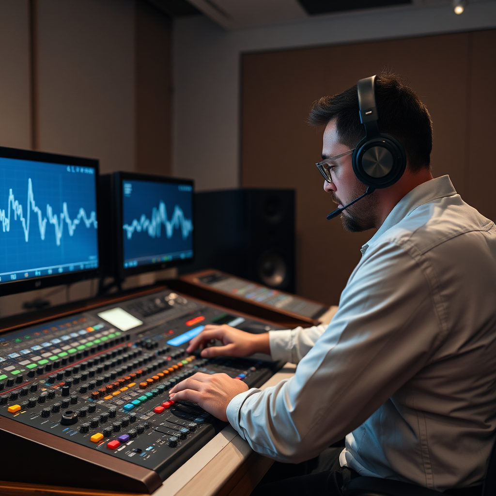 A skilled audio engineer is working at a sound board to enhance the clarity of the film. Include screens with waveforms. Use soft lighting. 4k resolution.