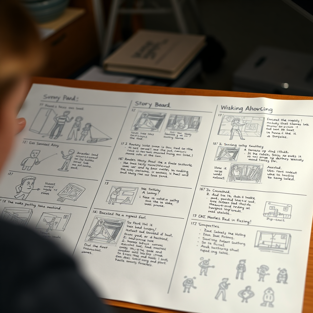 A storyboard in progress, showcasing hand-drawn sketches and notes outlining a film's narrative. The scene should convey creativity and meticulous planning. Use soft, diffused lighting. 4k resolution.