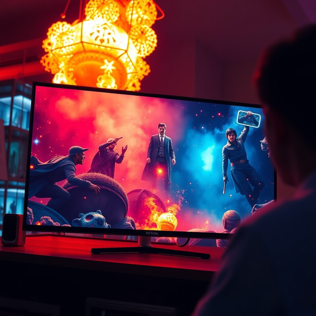 A vibrant and colorful scene from a film being displayed on a high-resolution monitor, showcasing the richness and depth of the visuals. Use bright, vivid lighting. 4k resolution.