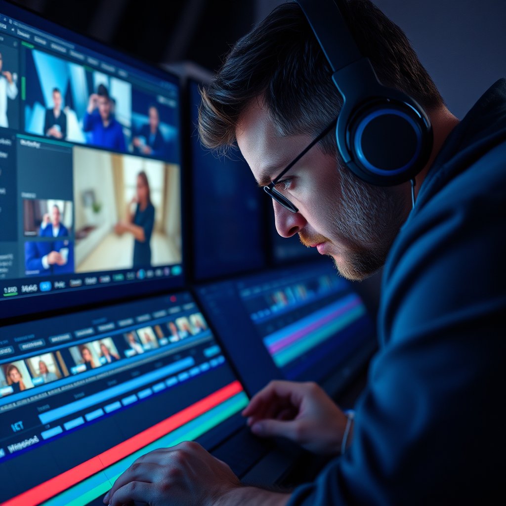 A video editor meticulously working on a timeline in editing software, showcasing the precision and artistry of video editing. Use cool, focused lighting. 4k resolution.