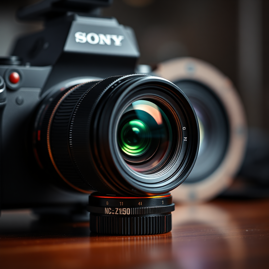 Showcase high-quality filmmaking equipment, such as a Sony Z-150 camera lens, with a shallow depth of field, highlighting the precision and craftsmanship. Use sharp, focused lighting. 4k resolution.